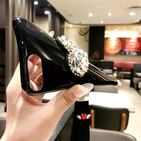 [NW406]  ★ iPhone 6 / 6s / 6Plus / 6sPlus / 7 / 7Plus / 8 / 8Plus / X ★ シェルカバー ハート グロス ツヤ ビジュー ブラック