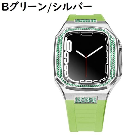 [MO119] ★Apple Watch belt 44mm/45mm★ アップルウォッチ バンパーケース+ラバーベルト セット カラーラインストーン ハイブリッド ステンレススチール