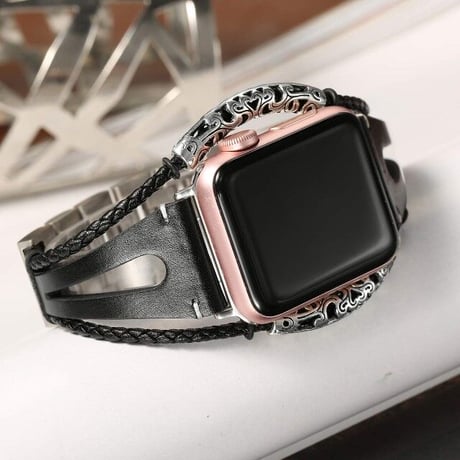 [MO120] ★Apple Watch belt 38mm/41mm/42mm/40mm/44mm/45mm★ アップルウォッチ 替えベルト レザー×ステンレススチール 民族調 切り替えデザイン
