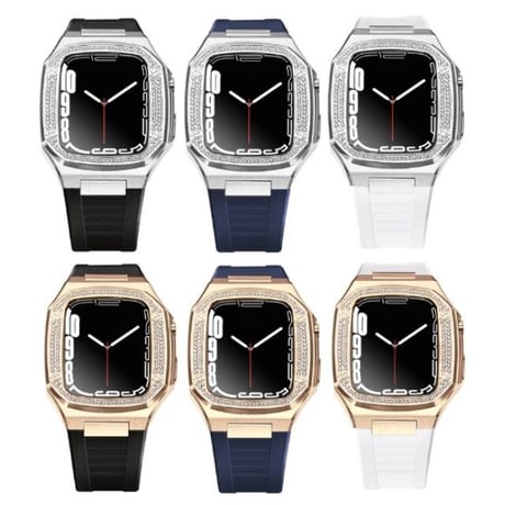 [MO151] ★Apple Watch belt 41mm/44mm/45mm★ アップルウォッチ バンパーケース+替えベルト メタル×ラバー 異素材ミックス ラインストーン 高級感