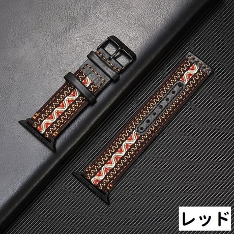 [MO236] ★Apple Watch belt 38mm/40mm/42mm/44mm ★ アップルウォッチ 替えベルト 刺繍 民族調 エスニック レザー ヴィンテージ風
