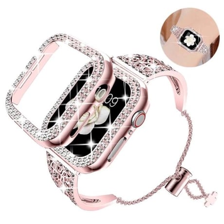 [MO044] ★Apple Watch belt 38mm/41mm/42mm/40mm/44mm/45mm★ アップルウォッチ バンパーケース+替えベルト ブレスレット ラインストーン 高見え