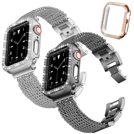 [MO143] ★Apple Watch belt 38mm/41mm/42mm/40mm/44mm/45mm★ アップルウォッチ バンパーケース+替えベルト セット ブレスレット チェーン メタル