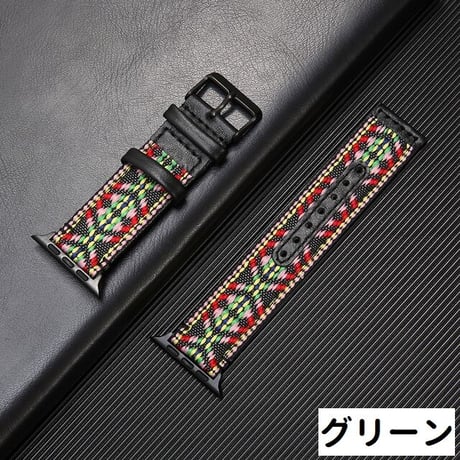 [MO236] ★Apple Watch belt 38mm/40mm/42mm/44mm ★ アップルウォッチ 替えベルト 刺繍 民族調 エスニック レザー ヴィンテージ風