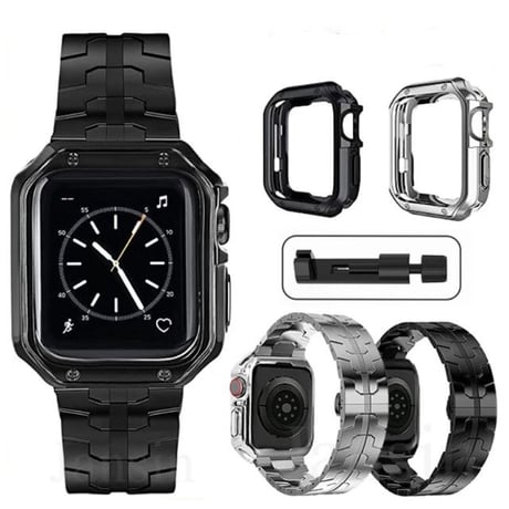 [MO073] ★Apple Watch belt 38mm/40mm/41mm/42mm/44mm/45mm★ アップルウォッチ バンパーケース+ステンレスベルト セット メタリック スタイリッシュ