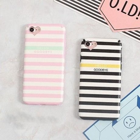 【SI008】★ iPhone 6 / 6s / 6Plus / 6sPlus / 7 / 7Plus ★ シェル型 ケース ( ブラック ピンク ) ストライプ ボーダー ハート かわいい シンプル