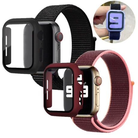 [MO140-2] ★Apple Watch belt 38mm/41mm/42mm/40mm/44mm/45mm★ アップルウォッチ バンパーケース+ナイロンベルト セット ループ 縁取り 軽量