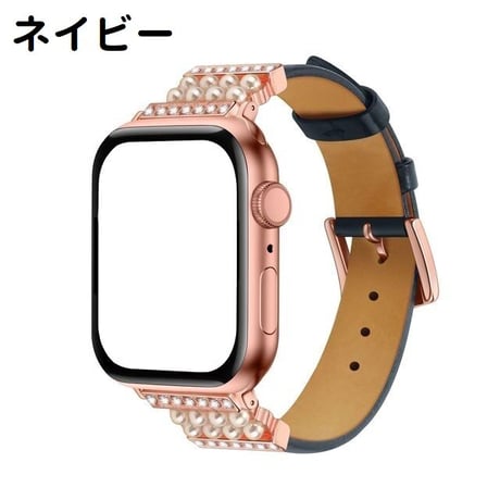 [MO247] ★Apple Watch belt 38mm/40mm/41mm/42mm/44mm/45㎜ ★ アップルウォッチ 替えベルト フェイクパール ラインストーン レザー 異素材ミックス