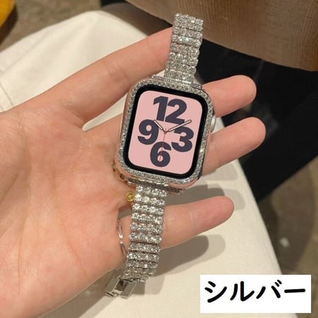 [MO136] ★Apple Watch belt 38mm/41mm/42mm/40mm/44mm/45mm★ アップルウォッチ バンパーケース+替えベルト セット 4列ラインストーン ブレスレット