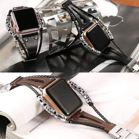 [MO120] ★Apple Watch belt 38mm/41mm/42mm/40mm/44mm/45mm★ アップルウォッチ 替えベルト レザー×ステンレススチール 民族調 切り替えデザイン