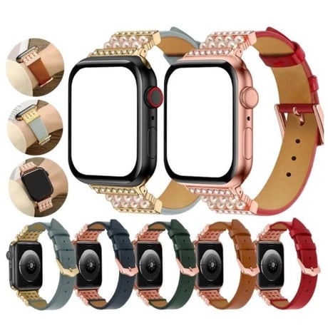 [MO247] ★Apple Watch belt 38mm/40mm/41mm/42mm/44mm/45㎜ ★ アップルウォッチ 替えベルト フェイクパール ラインストーン レザー 異素材ミックス