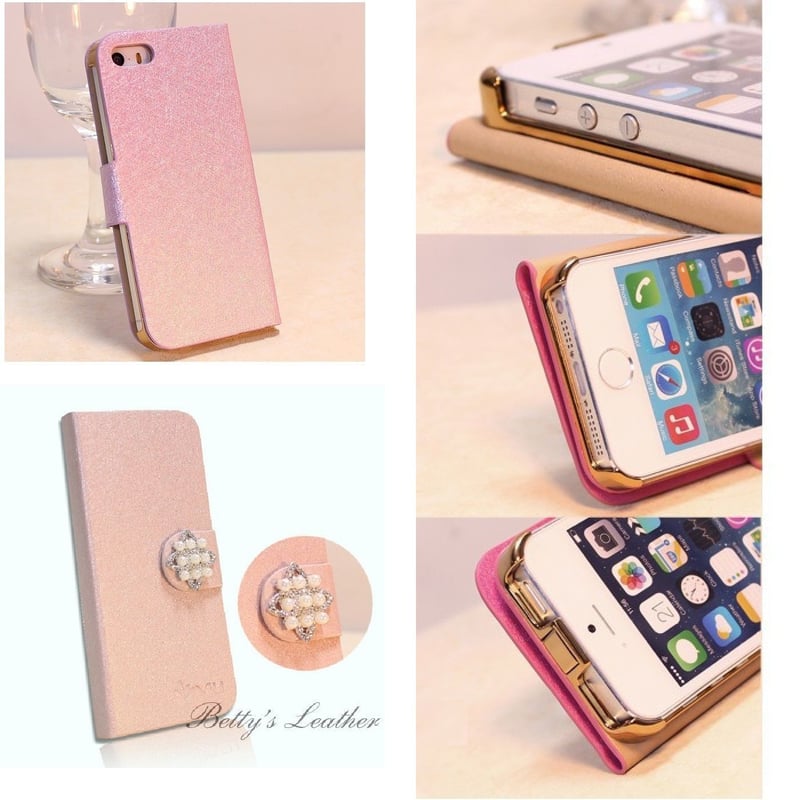 YS009] iPhone5 /5s ケース パール アクセント シルキー レザー手帳型 
