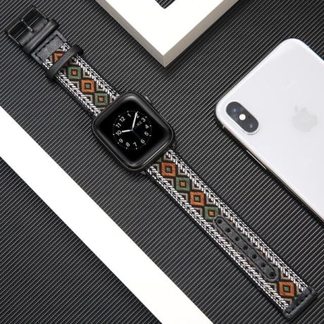 [MO236] ★Apple Watch belt 38mm/40mm/42mm/44mm ★ アップルウォッチ 替えベルト 刺繍 民族調 エスニック レザー ヴィンテージ風