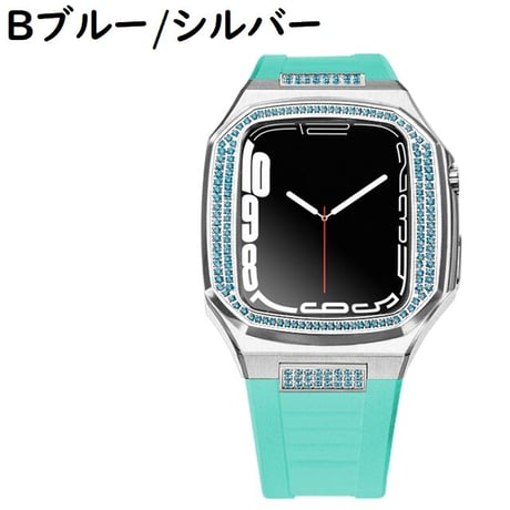 [MO119] ★Apple Watch belt 44mm/45mm★ アップルウォッチ バンパーケース+ラバーベルト セット カラーラインストーン ハイブリッド ステンレススチール