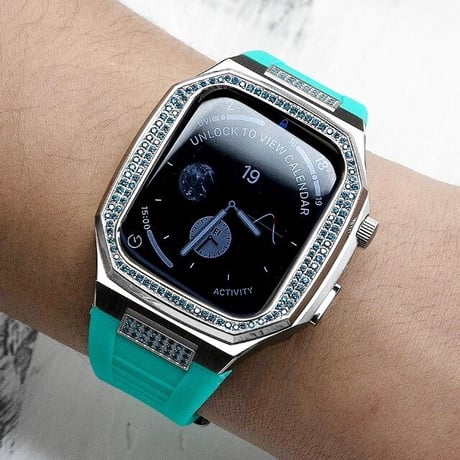[MO119] ★Apple Watch belt 44mm/45mm★ アップルウォッチ バンパーケース+ラバーベルト セット カラーラインストーン ハイブリッド ステンレススチール