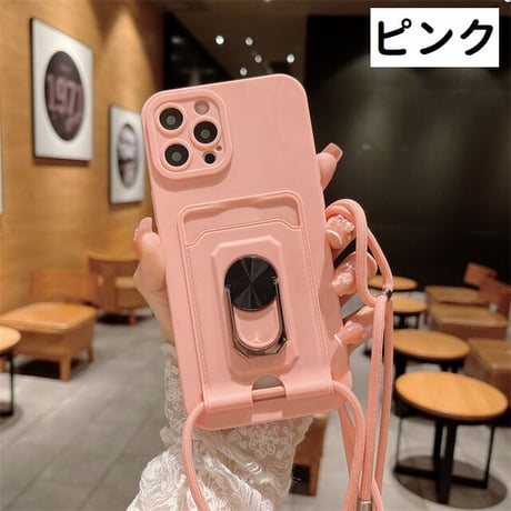 [MO178] ★iPhone7/8/SE(第2.3世代)/12/13/Pro/Pro Max★ iPhoneケース ショルダー ストラップ シェル型 シリコン カード収納 スマホリング