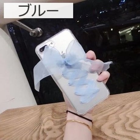【SI044】★ iPhone 6 / 6s / 6Plus / 6sPlus / 7 / 7Plus ★ クリア ケース ( ピンク ホワイト ブルー ) ふんわり シフォン リボン 編み上げ
