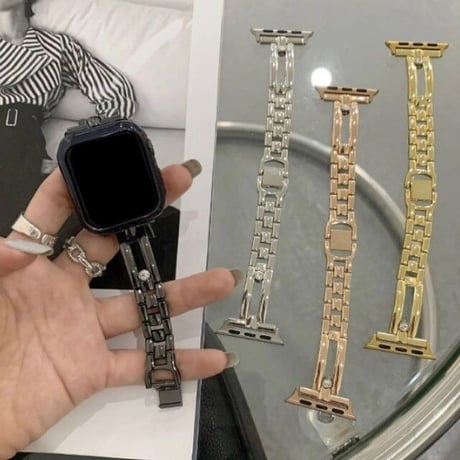 [MO225] ★Apple Watch belt 38mm/40mm/41mm/42㎜/44mm/45mm ★ アップルウォッチ 替えベルト 2本ライン ラインストーン メタル ステンレススチール