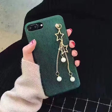 [KS046]★ iPhone 6Plus / 7 / 7Plus ★ シェル型 ケース 星 ＆ パール チャーム 大人 かわいい シック グリーン ヘリンボーン 柄 iPhoneケース