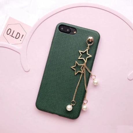 [KS046]★ iPhone 6Plus / 7 / 7Plus ★ シェル型 ケース 星 ＆ パール チャーム 大人 かわいい シック グリーン ヘリンボーン 柄 iPhoneケース