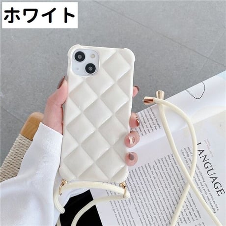 [MO196] ★iPhone7/8/SE(第2.3世代)/12/13/Pro/Pro Max/mini★ iPhoneケース ショルダー ストラップ シェル型 シリコン キルティング風 立体