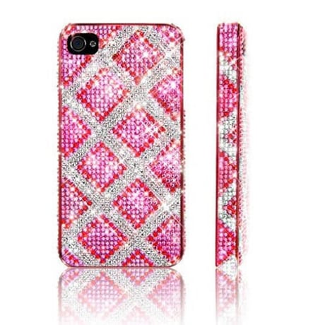 [KK060]iPhone4/4sケース スワロフスキー チェック クリスタル