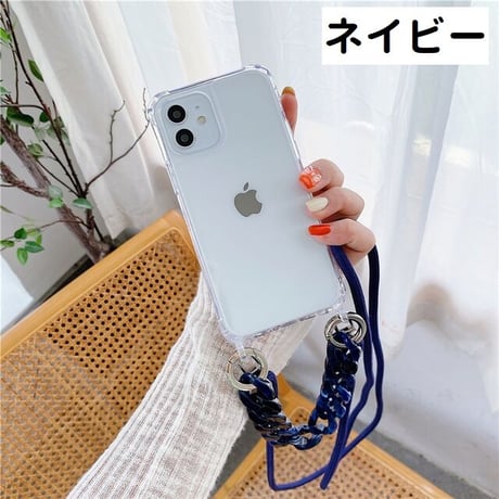 [MO177] ★iPhone7/8/SE(第2.3世代)/12/13/Pro/Pro Max/mini★ iPhoneケース ショルダー ハンドストラップ シェル型 クリア チェーン