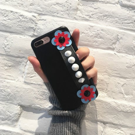 [KS157] ★ iPhone 6 / 6Plus / 7 / 7Plus ★シェル型 ケース ブラック レッド フラワー スタッズ ベルト iPhone ケース