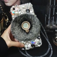 [NW577] ★ iPhone 6 / 6s / 6Plus / 6sPlus / 7 / 7Plus  / 8 / 8Plus / X ★ シェルカバー ケース 大粒 ビジュー ファー リング付