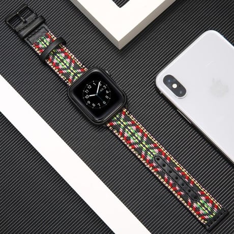 [MO236] ★Apple Watch belt 38mm/40mm/42mm/44mm ★ アップルウォッチ 替えベルト 刺繍 民族調 エスニック レザー ヴィンテージ風