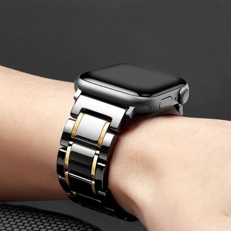 [MO076] ★Apple Watch belt 38mm/40mm/41mm/42mm/44mm/45mm★ アップルウォッチ 替えベルト セラミック メタルライン ブラック