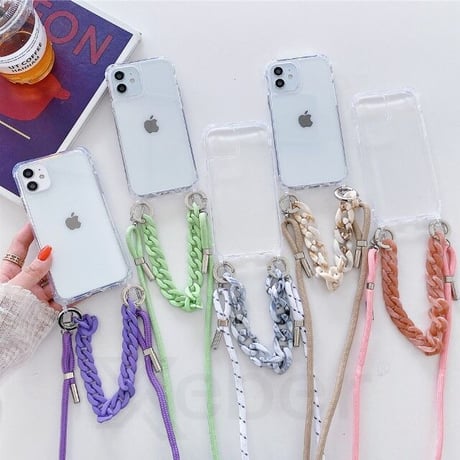 [MO177] ★iPhone7/8/SE(第2.3世代)/12/13/Pro/Pro Max/mini★ iPhoneケース ショルダー ハンドストラップ シェル型 クリア チェーン