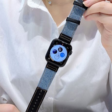 [MO062] ★Apple Watch belt 38mm/41mm/42mm/40mm/44mm/45mm★ アップルウォッチ 替えバンド デニム＆レザー 異素材MIX ハイブリット