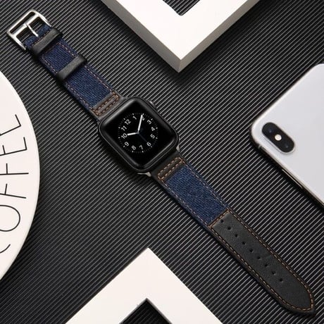 [MO062] ★Apple Watch belt 38mm/41mm/42mm/40mm/44mm/45mm★ アップルウォッチ 替えバンド デニム＆レザー 異素材MIX ハイブリット