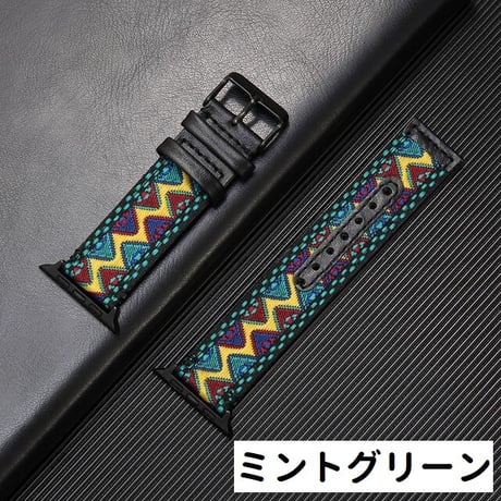 [MO236] ★Apple Watch belt 38mm/40mm/42mm/44mm ★ アップルウォッチ 替えベルト 刺繍 民族調 エスニック レザー ヴィンテージ風