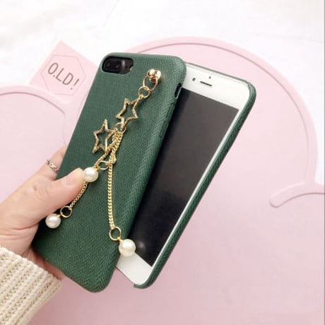 [KS046]★ iPhone 6Plus / 7 / 7Plus ★ シェル型 ケース 星 ＆ パール チャーム 大人 かわいい シック グリーン ヘリンボーン 柄 iPhoneケース