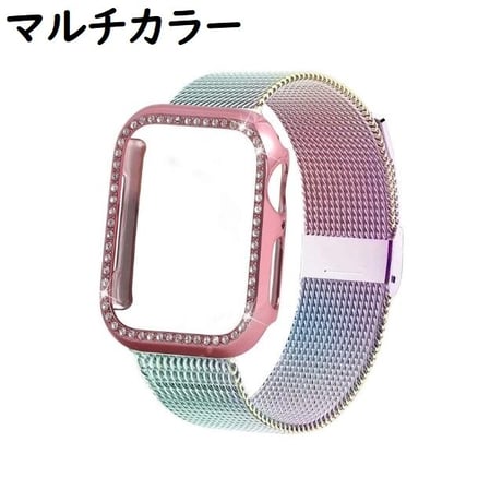 [MO124] ★Apple Watch belt 38mm/41mm/42mm/40mm/44mm/45mm★ アップルウォッチ バンパーケース+替えベルト セット ミラネーゼループ ラインストーン