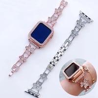 [MO053] ★Apple Watch belt 38mm/41mm/42mm/40mm/44mm/45mm★ アップルウォッチ バンパーケース+替えベルト クローバー ブレスレット ラインストーン