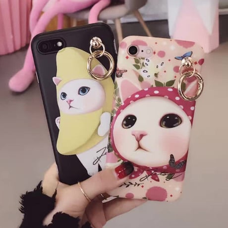 [KS075] ★ iPhone 6 / 6Plus / 7 / 7Plus ★ シェル型 ケース ピンク ブラック かぶりもの 猫 キャット ユニーク かわいい バナナ スカーフ
