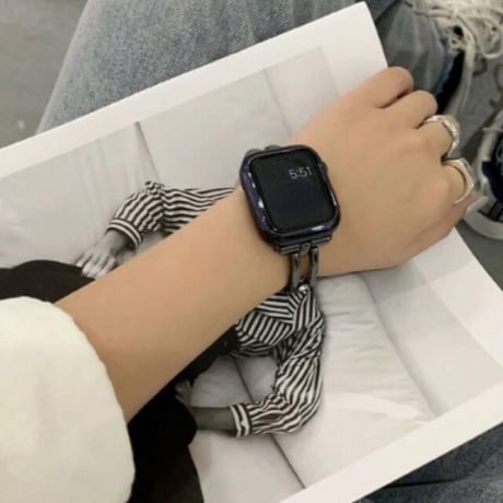[MO225] ★Apple Watch belt 38mm/40mm/41mm/42㎜/44mm/45mm ★ アップルウォッチ 替えベルト 2本ライン ラインストーン メタル ステンレススチール
