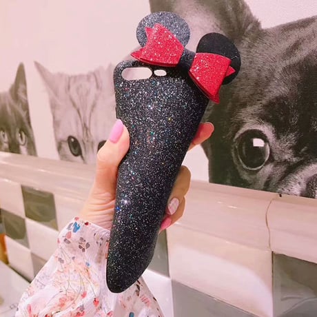 [NW359] ★ iPhone 6 / 6s / 6Plus / 6sPlus / 7 / 7Plus / 8 / 8Plus ★ シェルカバー ケース マウス ネズミ 耳 リボン グリッター