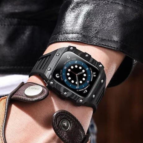 [MO102] ★Apple Watch belt 40mm/41mm/44mm/45mm★ アップルウォッチ バンパーケース+ラバーベルト セット カーボンファイバー ワンカラー ハイブリッド