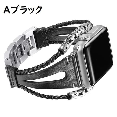 [MO120] ★Apple Watch belt 38mm/41mm/42mm/40mm/44mm/45mm★ アップルウォッチ 替えベルト レザー×ステンレススチール 民族調 切り替えデザイン