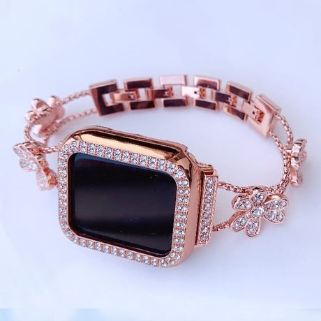 [MO053] ★Apple Watch belt 38mm/41mm/42mm/40mm/44mm/45mm★ アップルウォッチ バンパーケース+替えベルト クローバー ブレスレット ラインストーン
