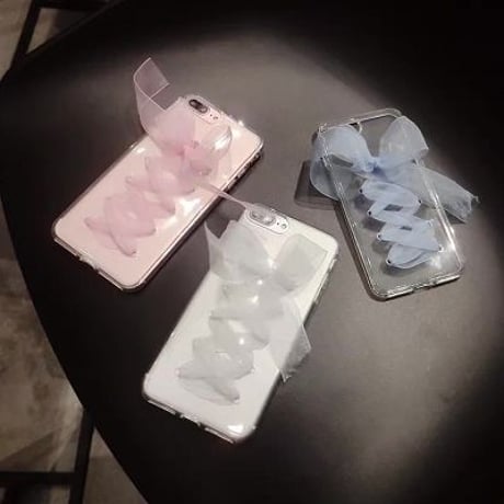 【SI044】★ iPhone 6 / 6s / 6Plus / 6sPlus / 7 / 7Plus ★ クリア ケース ( ピンク ホワイト ブルー ) ふんわり シフォン リボン 編み上げ