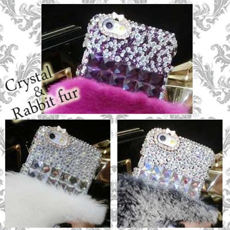【TH051】★ iPhone 6 ★ クリスタル & ファー ケース ( ダークグレイ パープル ホワイト ) ゴージャス おしゃれ かわいい きらきら