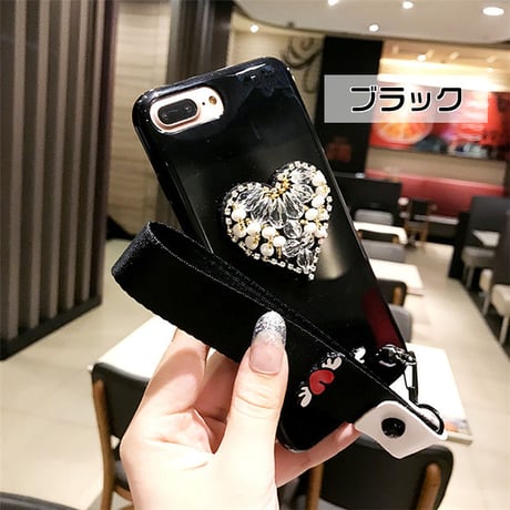 [NW406]  ★ iPhone 6 / 6s / 6Plus / 6sPlus / 7 / 7Plus / 8 / 8Plus / X ★ シェルカバー ハート グロス ツヤ ビジュー ブラック