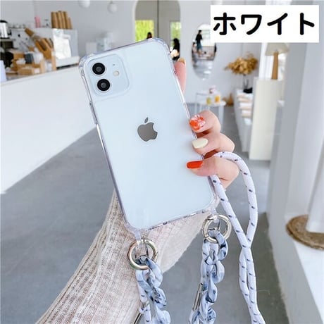 [MO177] ★iPhone7/8/SE(第2.3世代)/12/13/Pro/Pro Max/mini★ iPhoneケース ショルダー ハンドストラップ シェル型 クリア チェーン