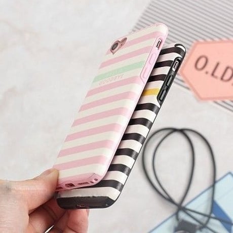 【SI008】★ iPhone 6 / 6s / 6Plus / 6sPlus / 7 / 7Plus ★ シェル型 ケース ( ブラック ピンク ) ストライプ ボーダー ハート かわいい シンプル