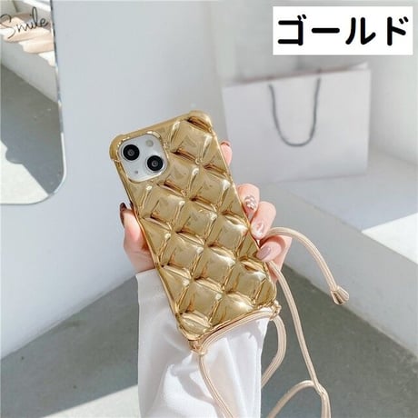 [MO194] ★iPhone7/8/SE(第2.3世代)/12/13/Pro/Pro Max/mini★ iPhoneケース ショルダー シェル型 メタリック キルティング風 シリコン